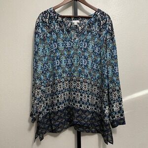J Jill Women's Multicolored Print Tunic Top Large Lagenlook Lightweight